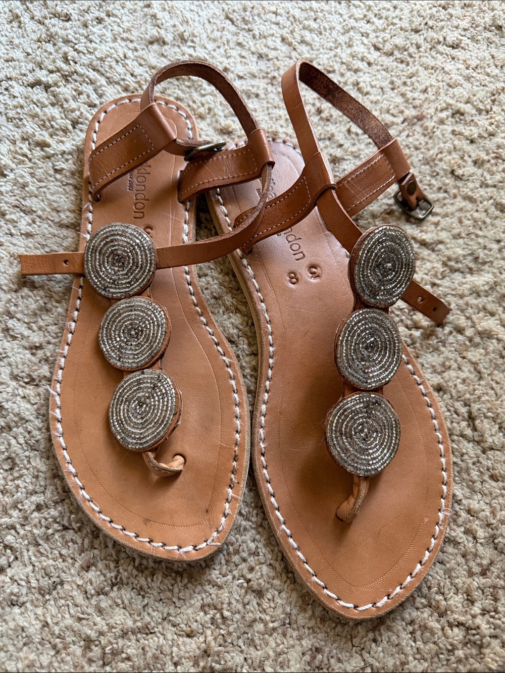 Laidback London Isko Silver  Beaded Flat Leather Thong Flip Flop Sandals 38/8 - Picture 2 of 4